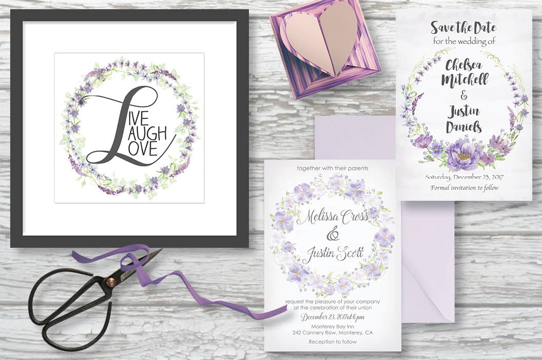 紫色水彩手绘花环图案PNG素材 Trio of Watercolor Floral Wreaths in Purple Shades插图(5)