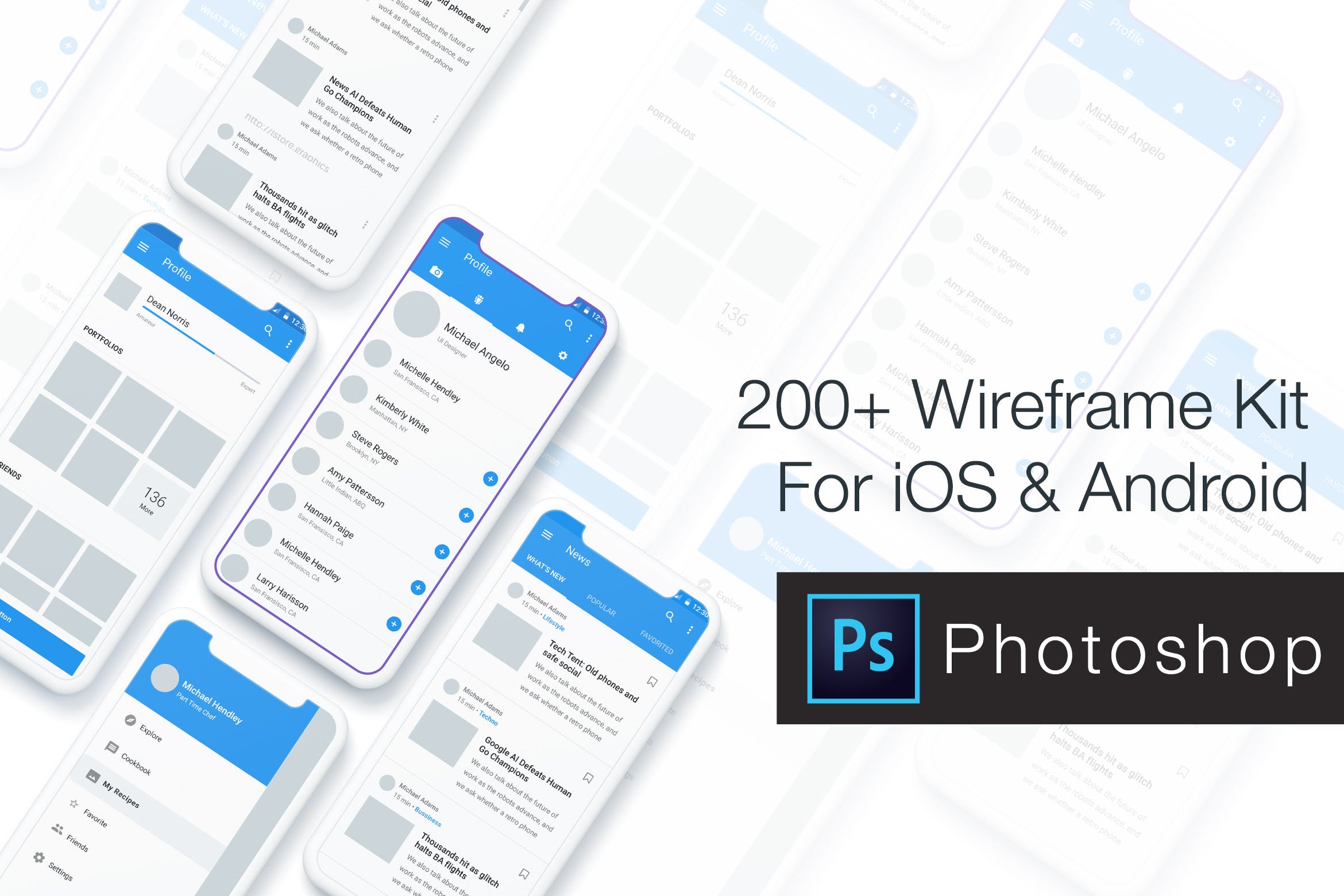 200+ iOS & Android平台应用设计线框图PSD模板 Baseframe – Wireframe UI KIT 200++ PSD Version插图