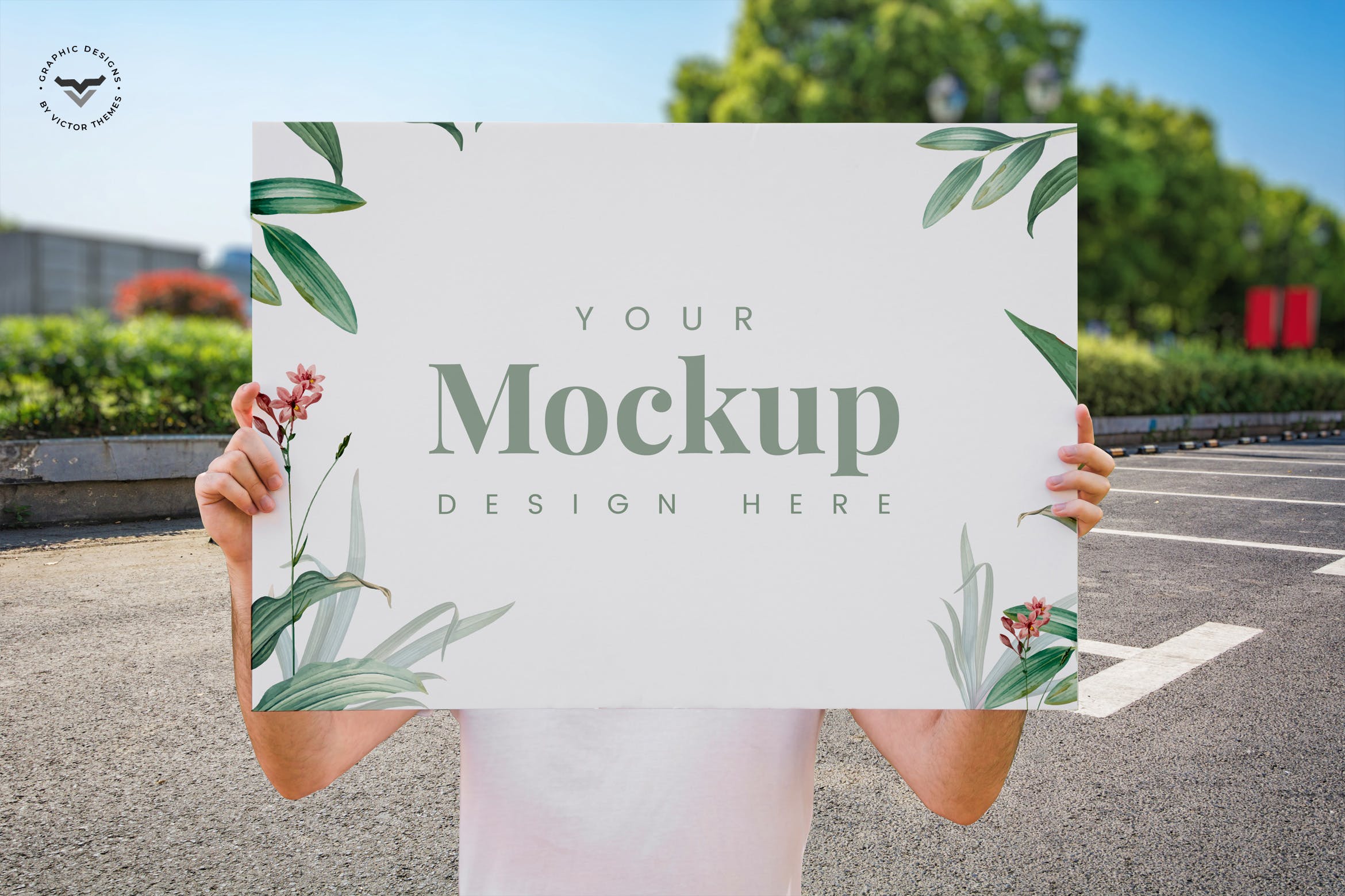 男子展示海报设计效果图样机素材库精选 Man Presenting Poster Mockup插图