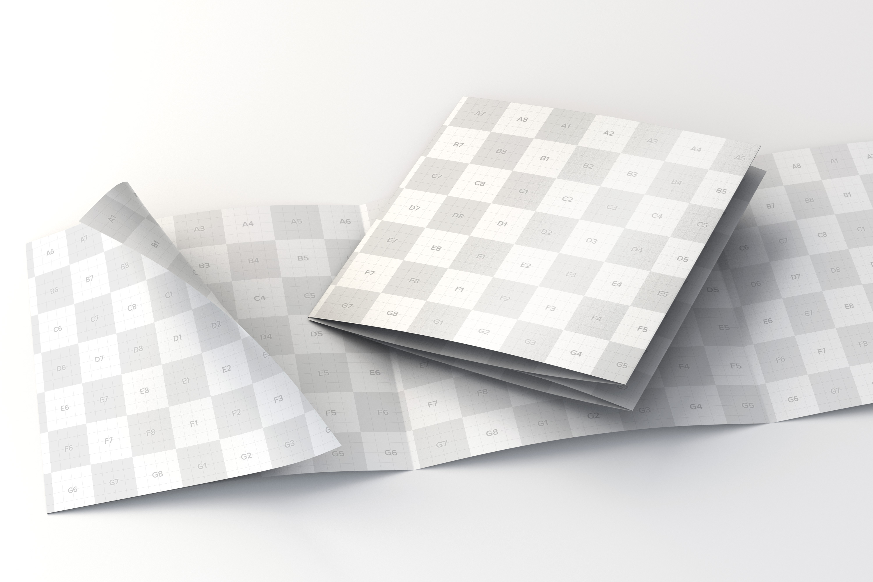 方形四折页设计小册子传单设计折叠和展开效果图样机模板 Folded and Unfolded Square 4-Fold-Brochure Mockup插图(1)