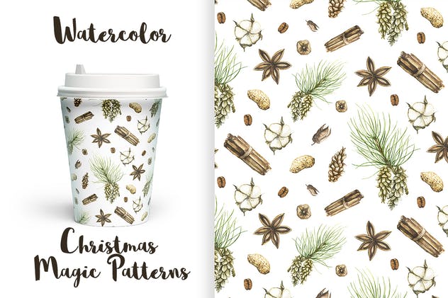 圣诞主题魔法水彩无缝图案背景素材 Watercolor Christmas Magic Patterns插图(1)