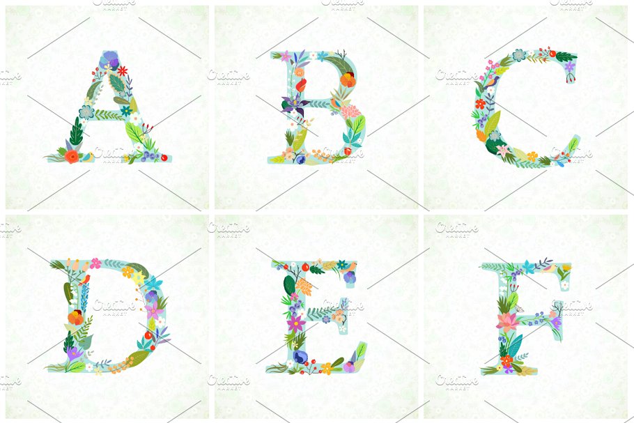 明亮花卉装饰字母素材 Bright Floral Alphabet. EPS and PNG插图(1)