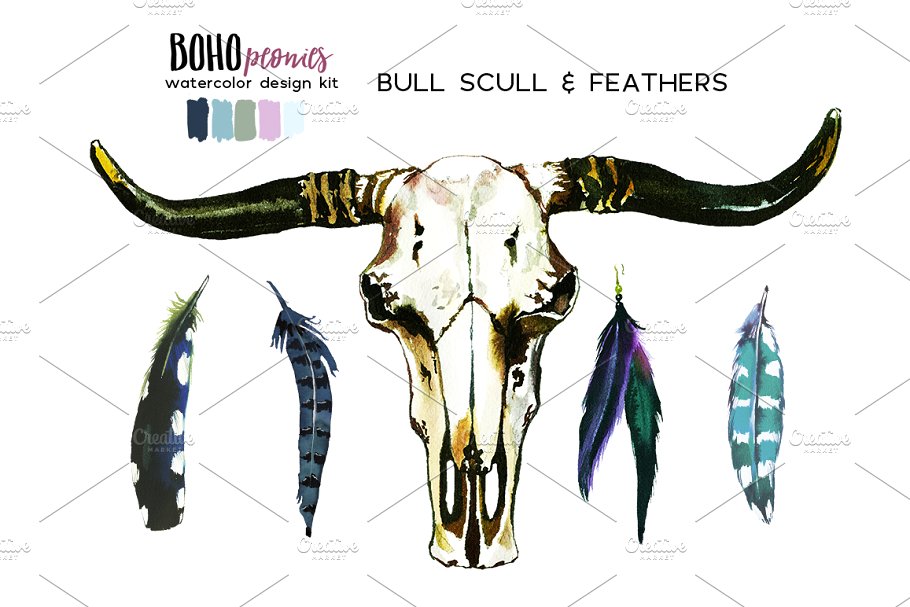 波西米亚风白色&粉色牡丹水彩剪贴画 Boho White Pink Peonies Watercolor插图(6)