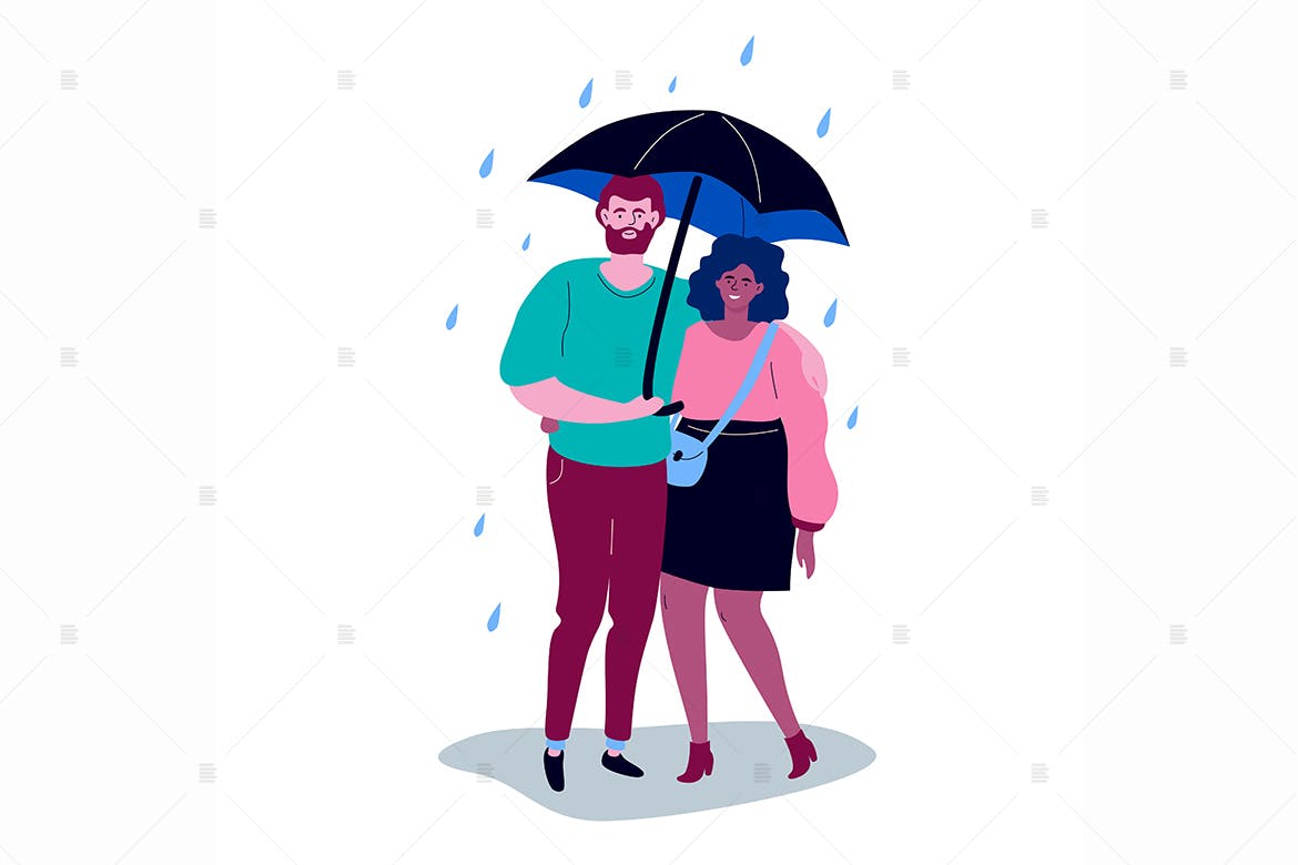 雨中情侣扁平设计风格矢量插画素材库精选素材 Couple on a date – flat design style characters插图