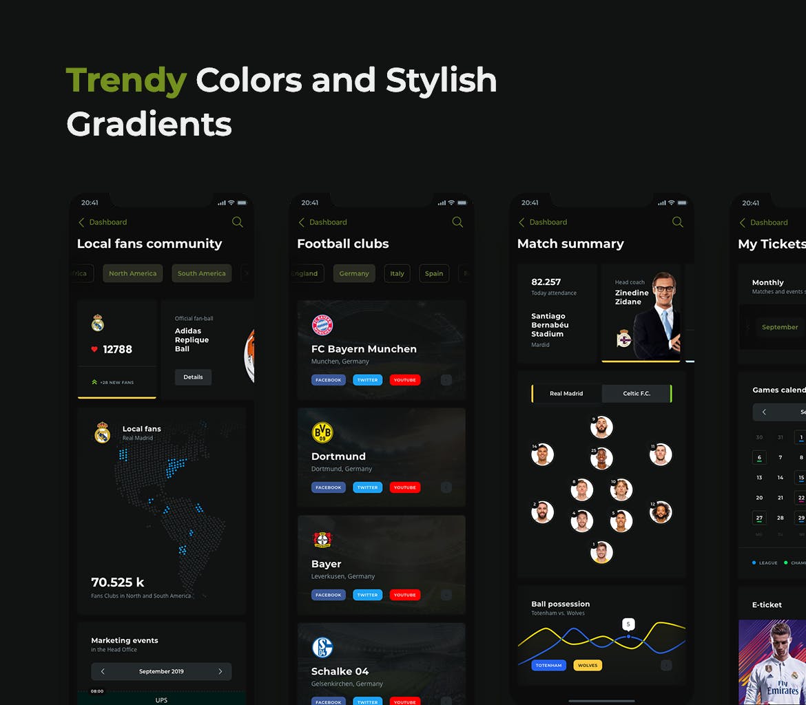足球赛事APP应用UI设计素材库精选套件[黑暗模式版本] Soccer mobile app – Dark UI插图(3)