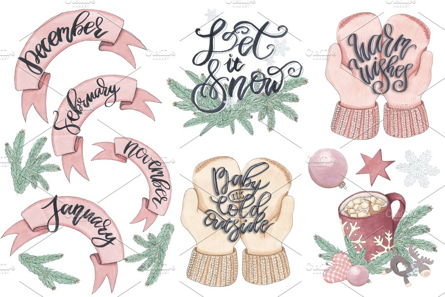 冬季圣诞节主题手绘插画套装 Winter Christmas Hand-painted Kit插图(1)