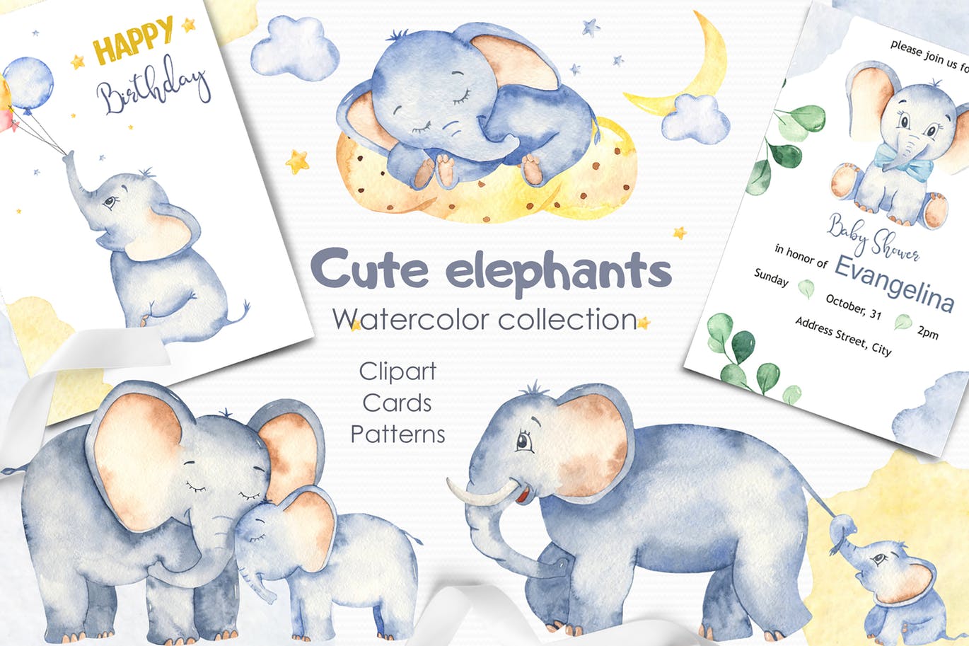 可爱卡通小象水彩手绘剪贴画&卡片素材 Watercolor cute elephants. Clipart and cards插图