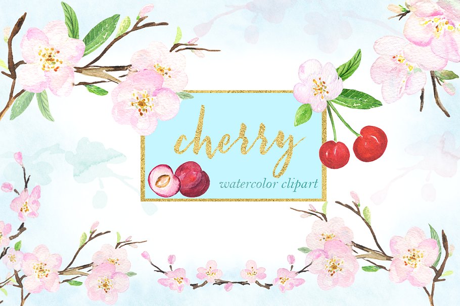 甜美的手绘樱桃樱花水彩剪贴画 Cherry flowers. Waterolor clipart.插图(5)