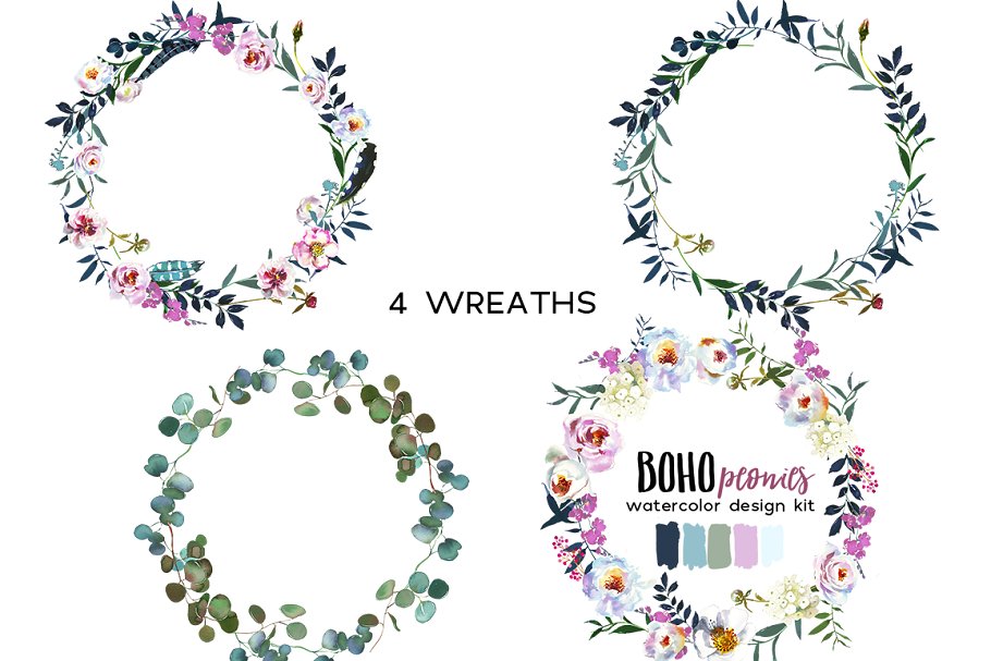 波西米亚风白色&粉色牡丹水彩剪贴画 Boho White Pink Peonies Watercolor插图(2)