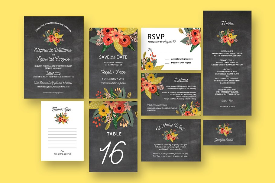 花饰黑板背景婚礼设计物料模板 Floral Chalkboard Wedding Suite插图