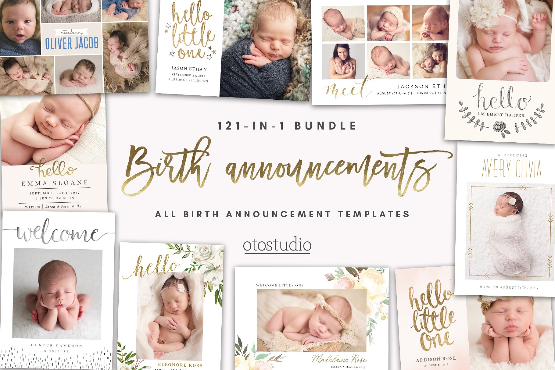 初生婴儿艺术照设计模板 BUNDLE 121-in-1 Birth Announcements插图