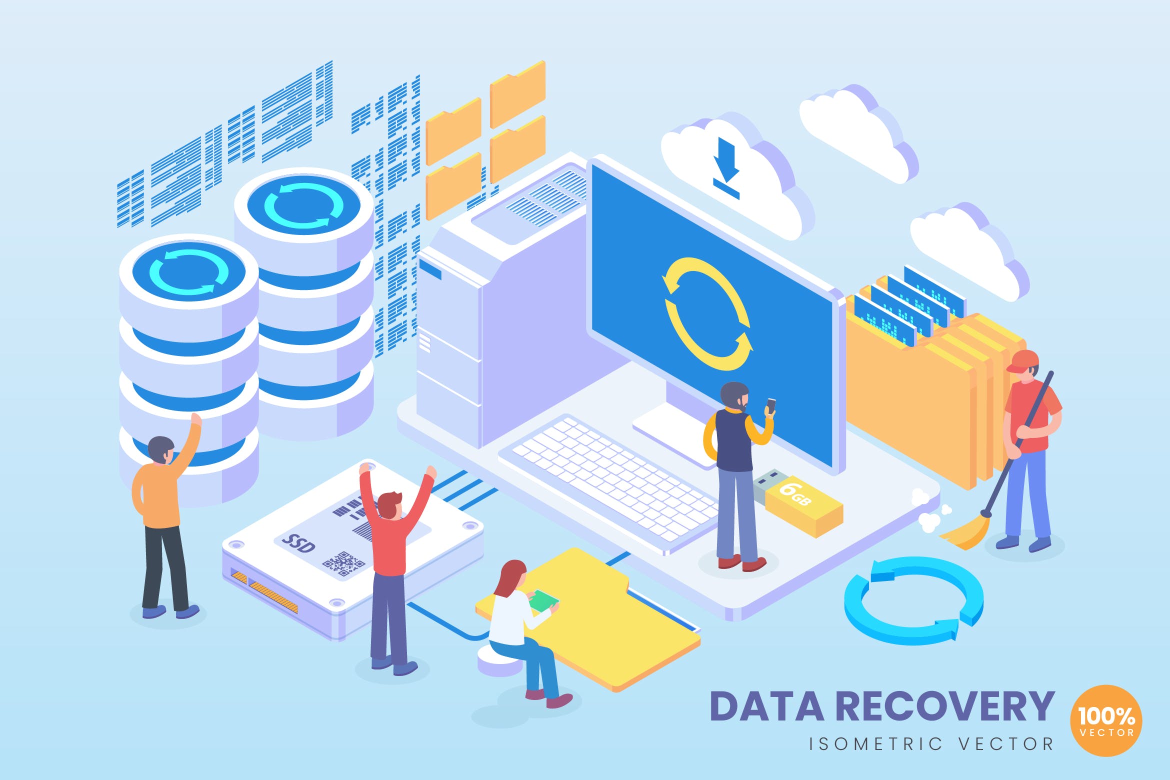 数据恢复技术等距矢量科技素材库精选概念插画v1 Isometric Data Recovery Vector Concept插图