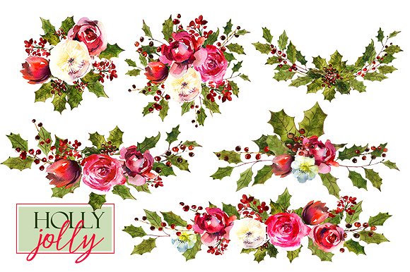 圣诞水彩剪辑集（一堆圣诞元素） Holly Steams Christmas Watercolors插图(13)