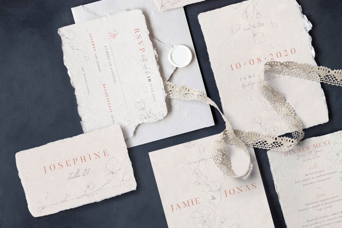 创意特色花卉婚礼邀请函设计素材套装 Sketchy Floral Wedding Suite插图