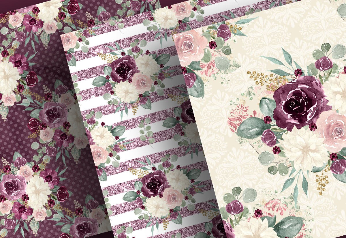 紫红色&金色水彩手绘花卉图案数码纸张设计素材 Watercolor Plum and Gold digital paper pack插图(3)