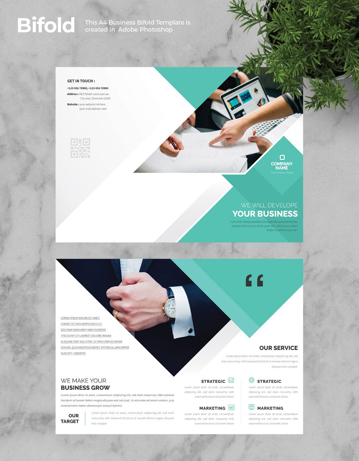 市场调研公司介绍对折页宣传册设计模板v4 Business Bifold Brochure插图(1)