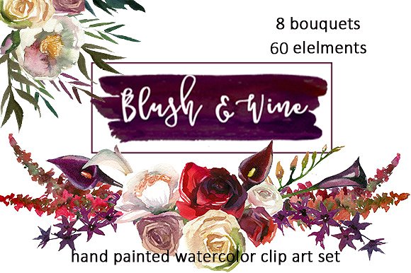 勃艮第白色水彩花卉插画 Burgundy White Watercolor Flowers插图(2)