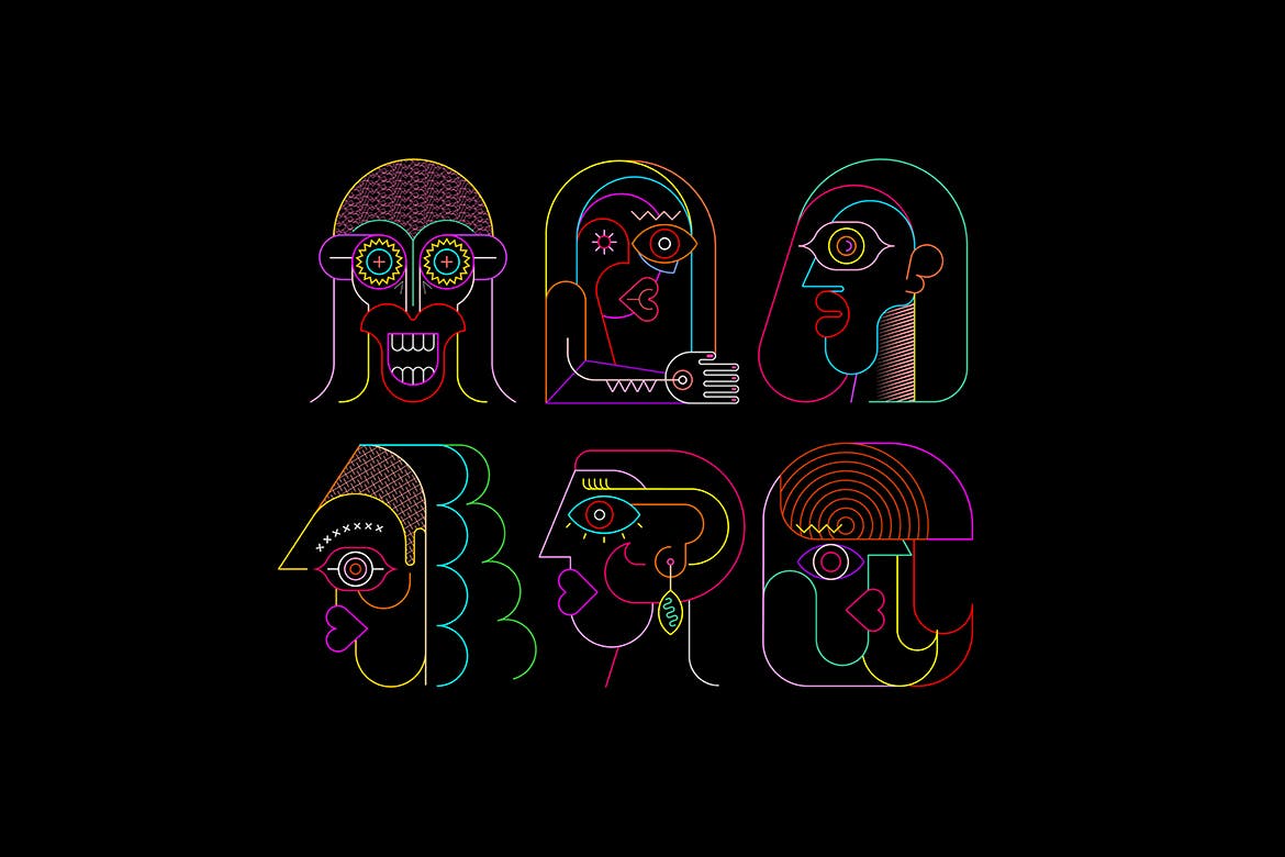 六幅霓虹灯肖像线条艺术矢量插画 Six Portraits Neon and 2 Line Art Options插图