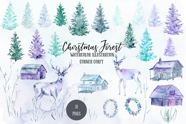 水彩圣诞森林插画合集 Watercolor Christmas Forest插图(1)
