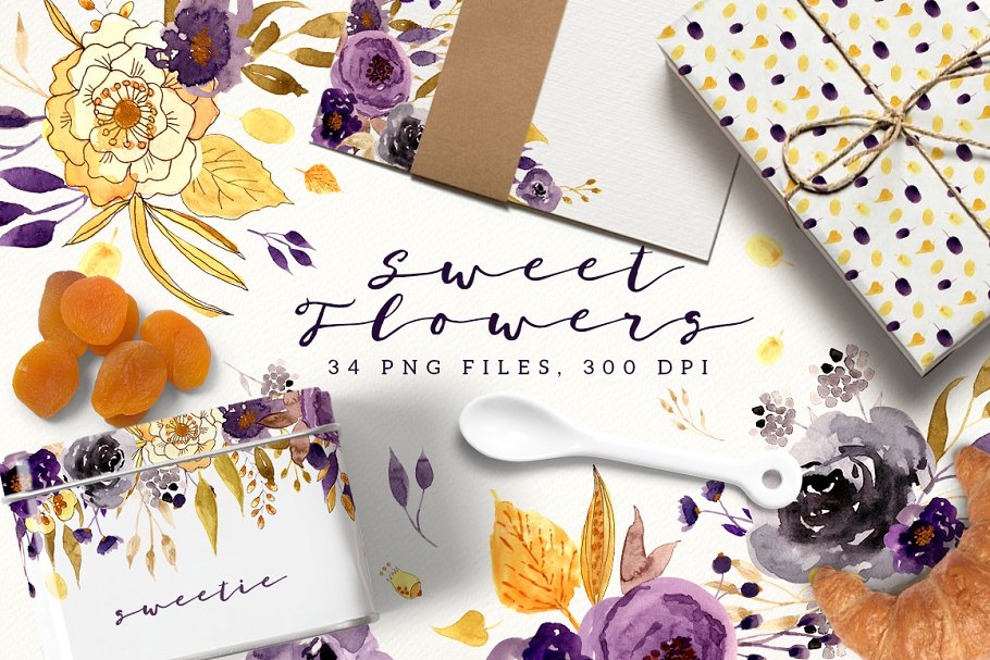 甜蜜手绘水彩花卉图案花样合集 Sweet Flowers插图