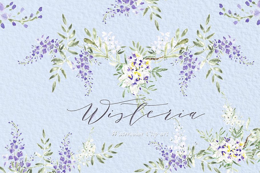 紫藤婚礼婚庆水彩画素材 Wisteria wedding watercolors插图(6)