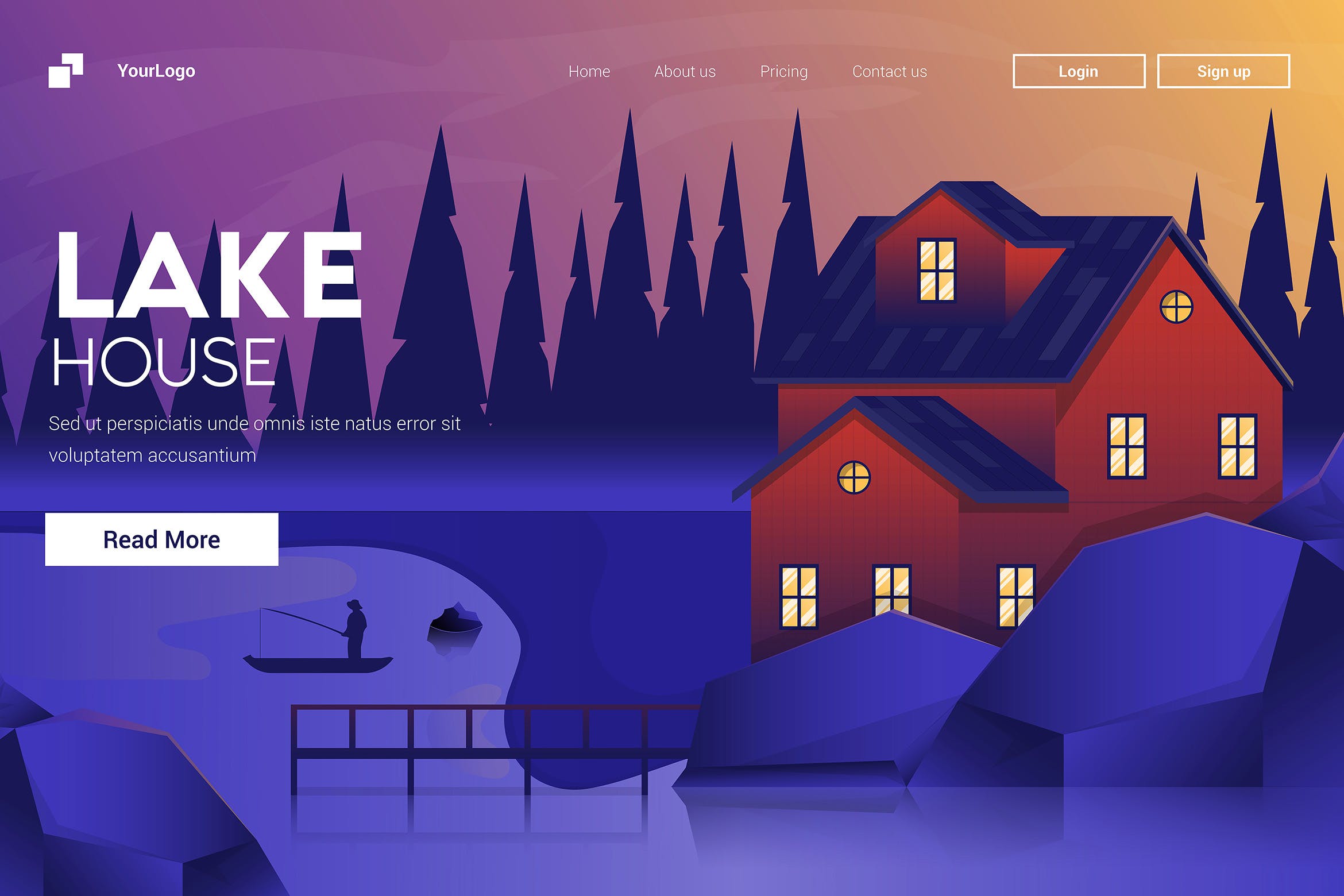 湖边别墅日落美景扁平设计风格矢量插画素材 Flat Modern design Illustration of Mountain House插图