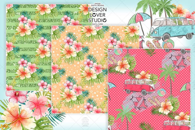 夏季海滩主题水彩花卉纸张图案背景套装 Go to the Beach digital paper pack插图(4)
