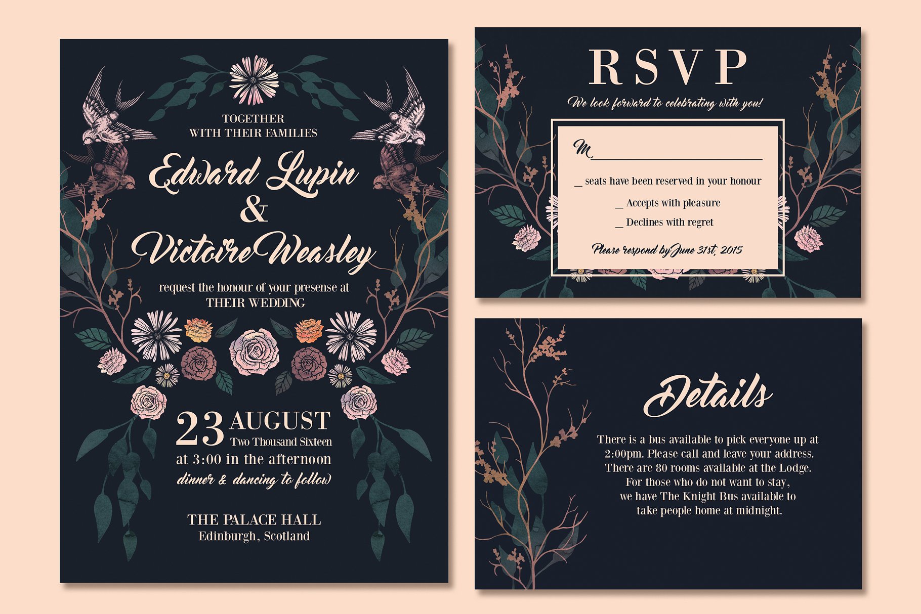 暗色调婚礼邀请函设计模板套装 Rich, Dark & Magical Wedding Suite插图(2)