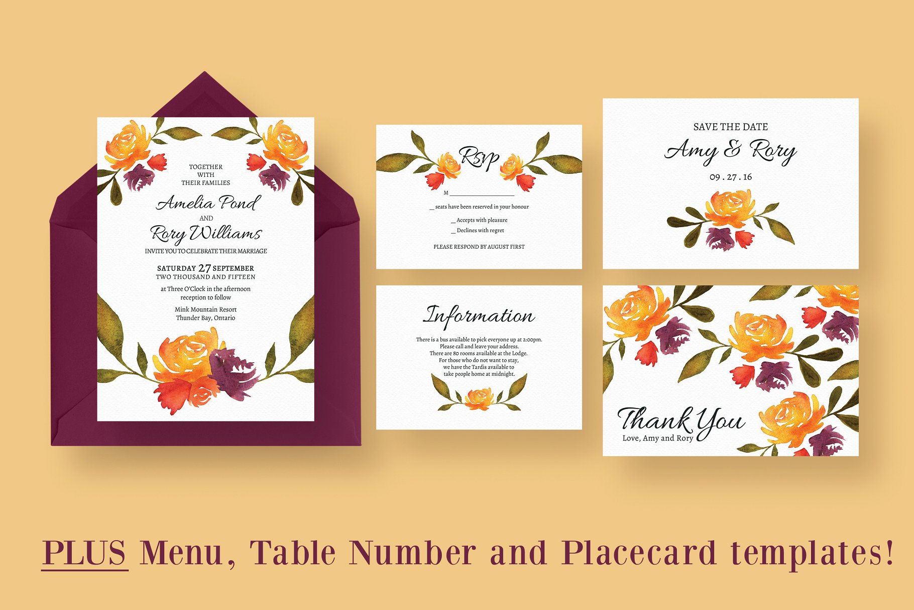 秋季水彩婚礼邀请函设计套装 Watercolour Fall Wedding Suite插图