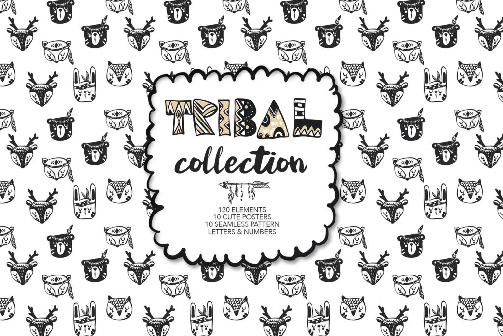 可爱的手绘部落动物无缝背景素材下载[eps,ai,svg,png]插图