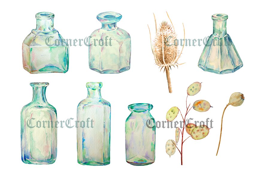 复古手绘葡萄酒瓶水彩剪贴图像素材 Watercolor Vintage Bottle Dry Flower插图