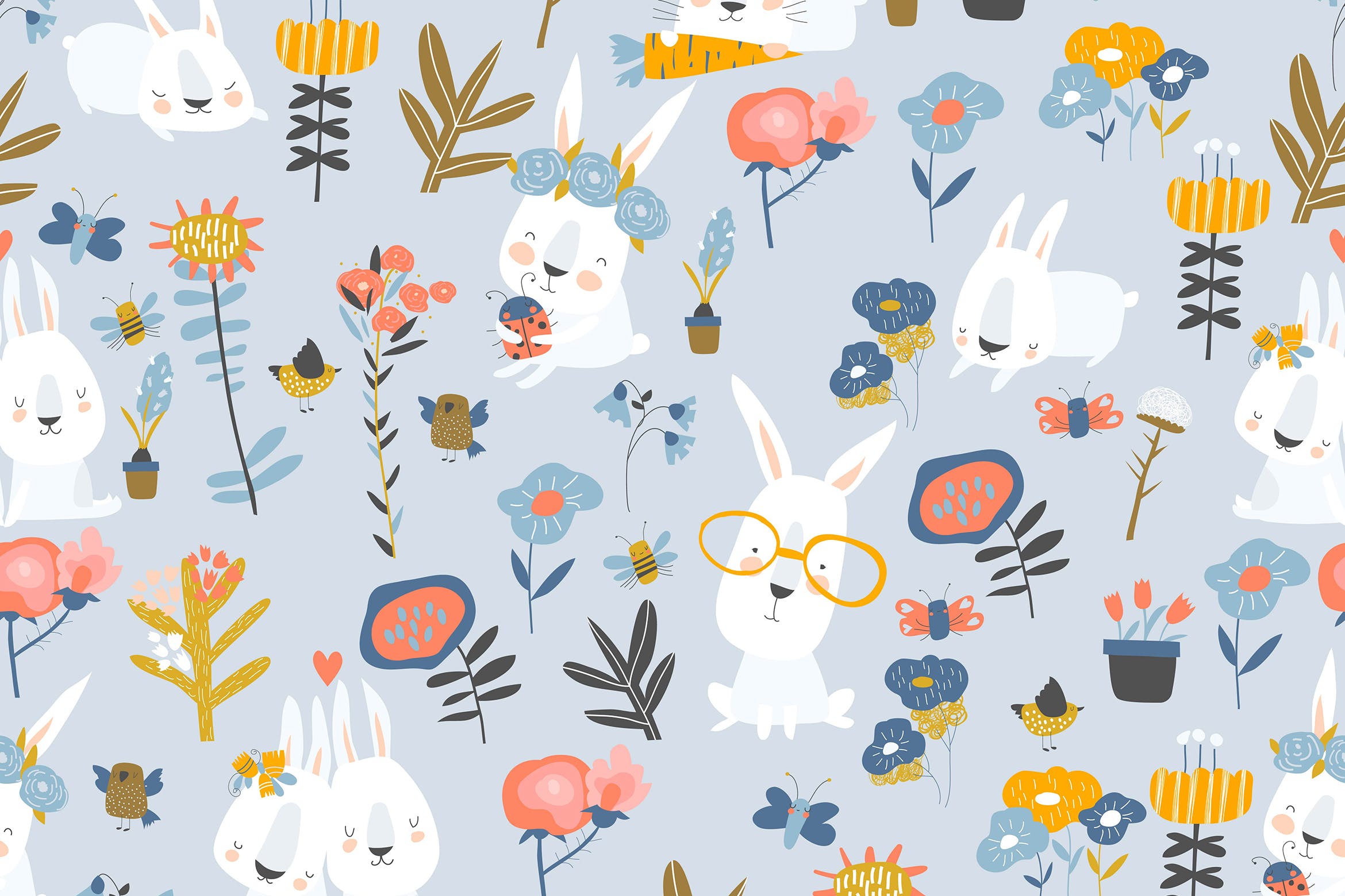 可爱卡通兔子手绘插画矢量无缝图案素材 Vector seamless pattern of cute cartoon bunnies an插图