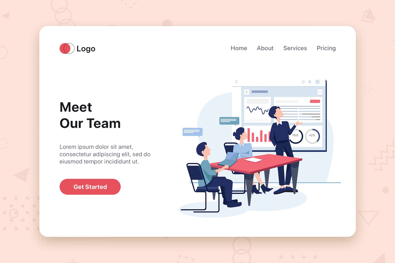 工作汇报会议主题网站首页设计概念插画 Meet our team flat web template for Landing page插图