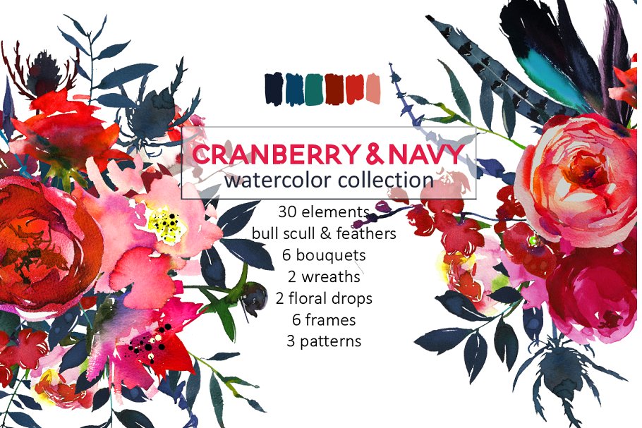 红色海军蓝波希米亚水彩花卉剪贴画 Red Navy Boho Watercolor Flowers插图