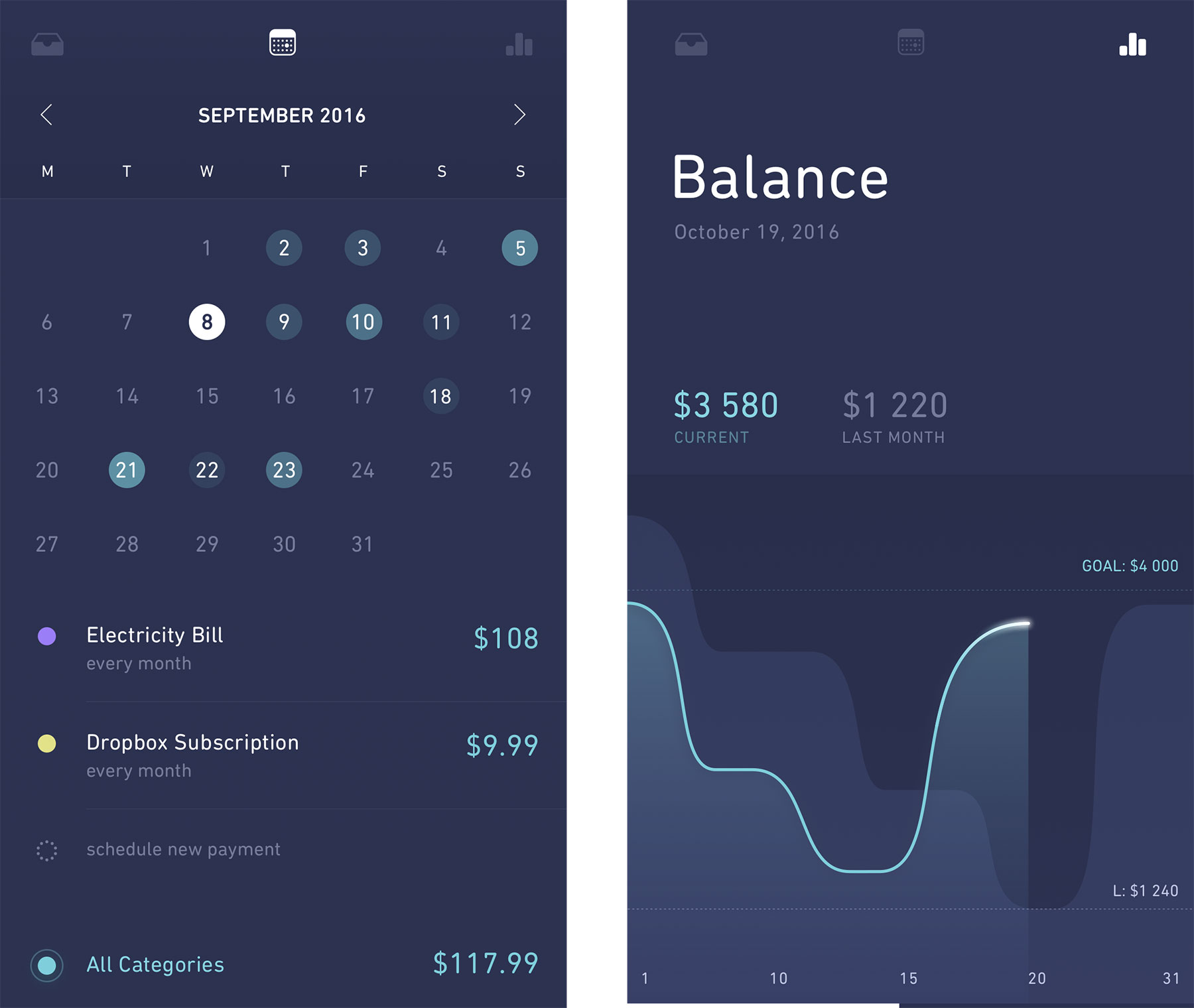 财务日历和统计应用界面