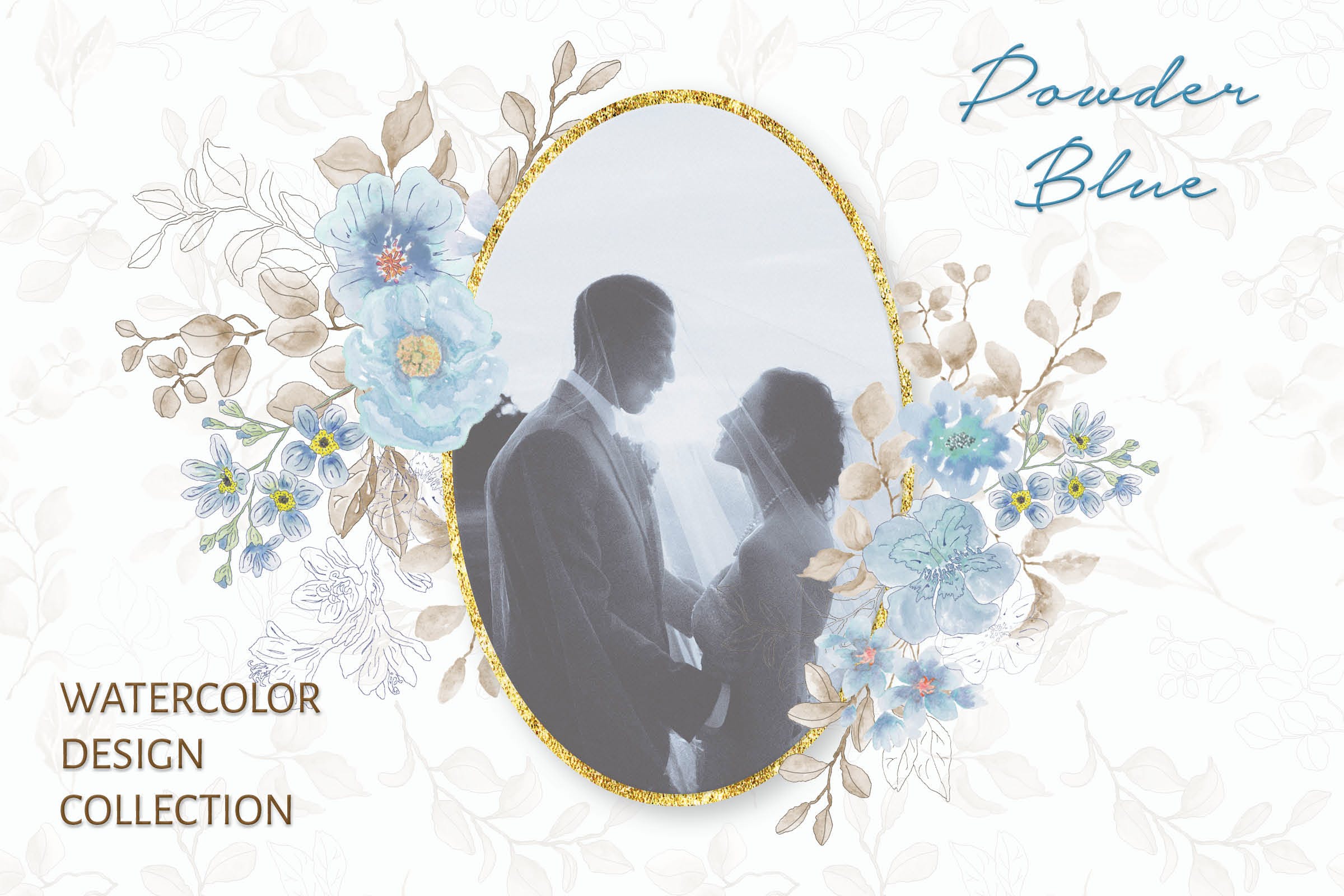 粉蓝色水彩手绘花卉剪贴画PNG素材库精选设计素材 Powder Blue Watercolor Design Collection插图