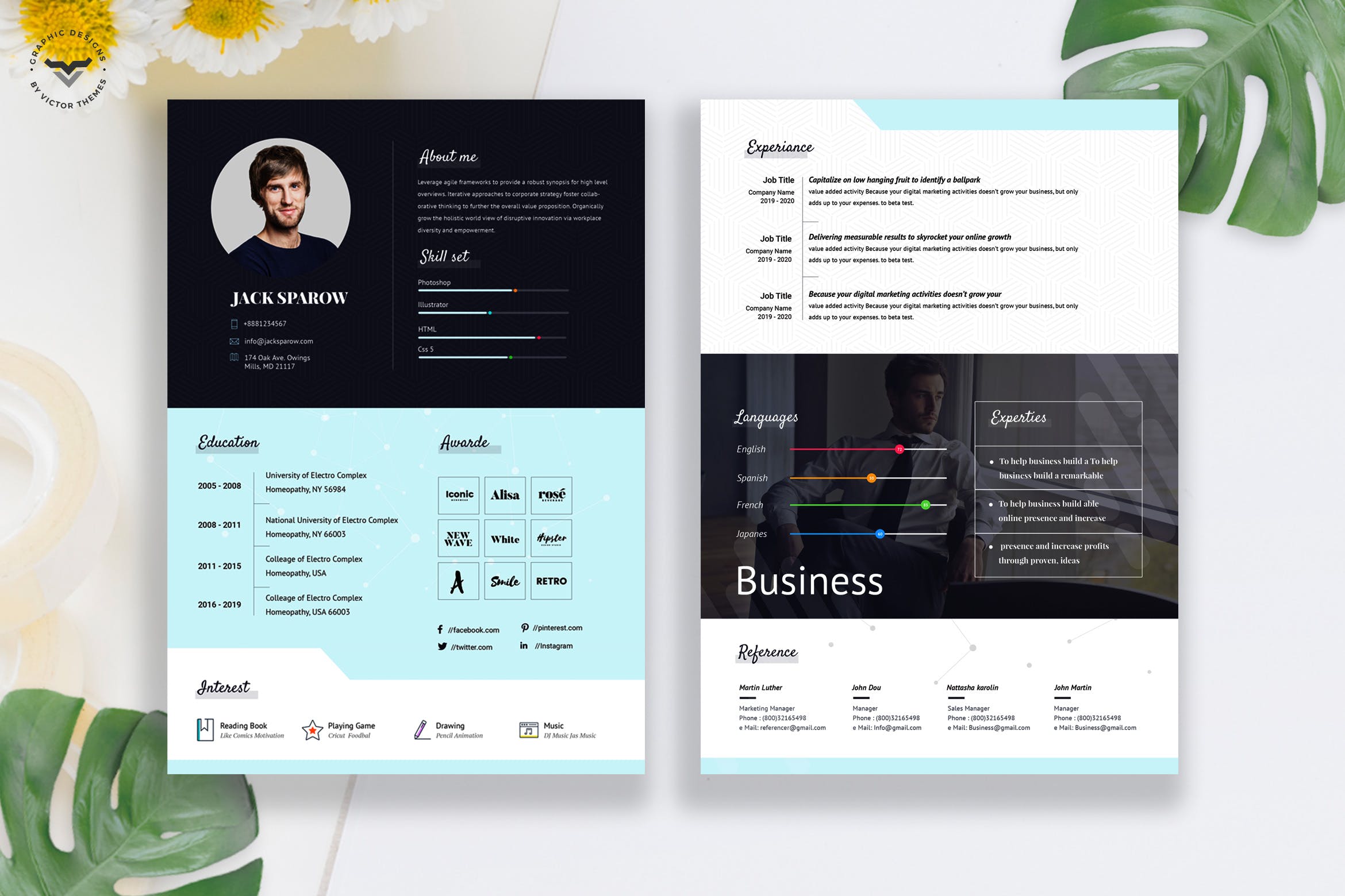 两页式创意设计师CV素材库精选简历模板 Creative Business CV Template插图