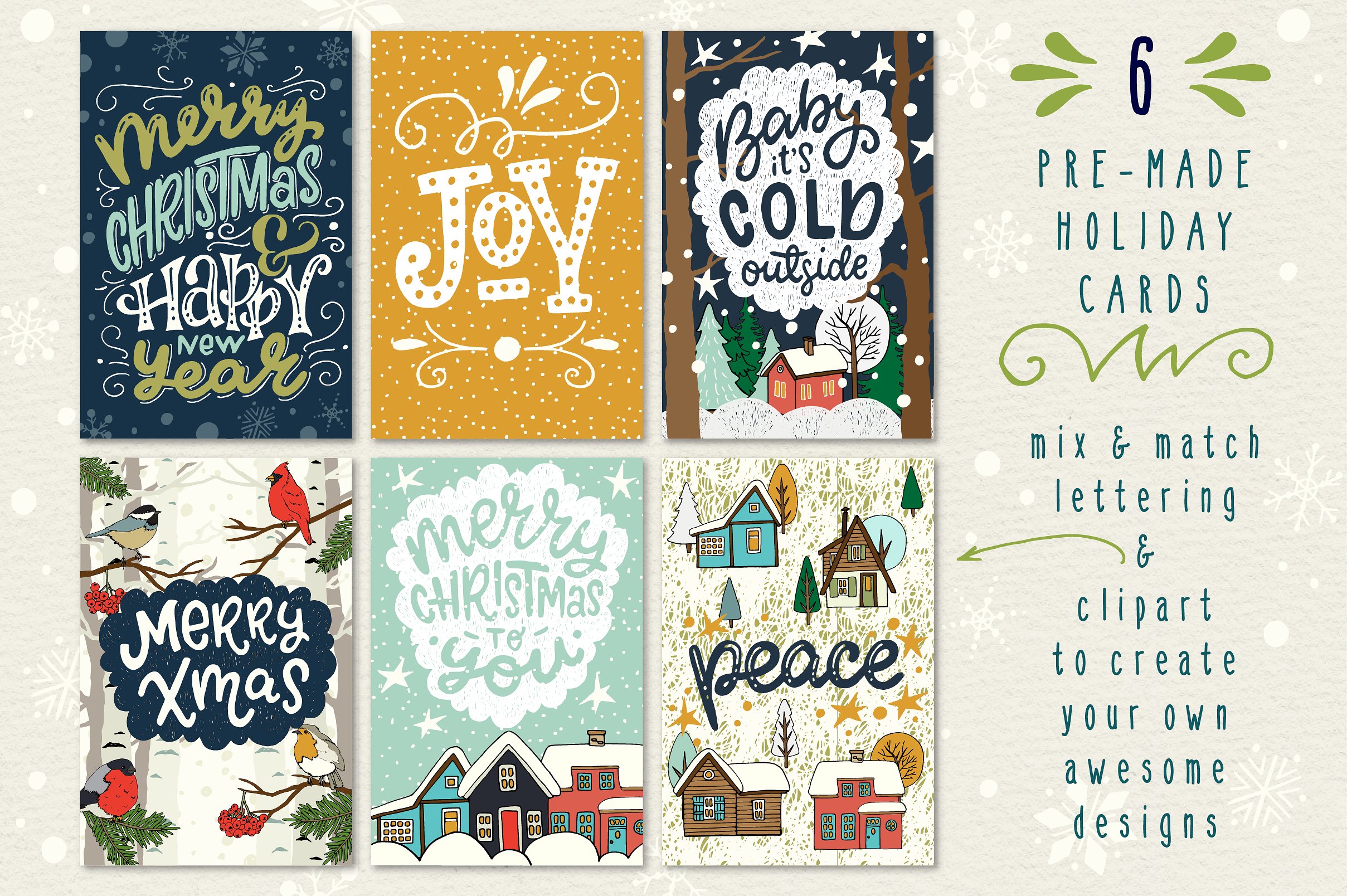 50个不同的手绘矢量剪贴画元素圣诞森林集合插图(2)