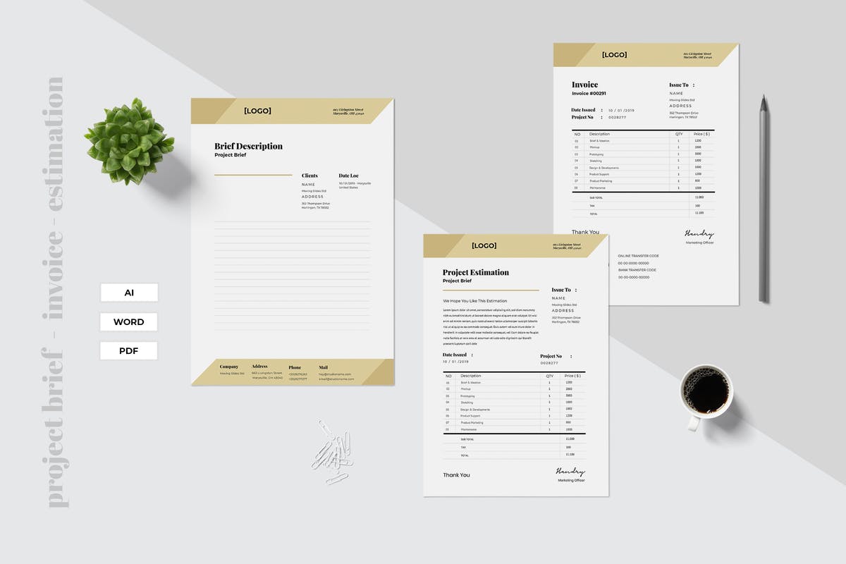 企业项目简介/报价单/发票模板V4 Project Brief – Estimation – Invoice Vol. 04插图