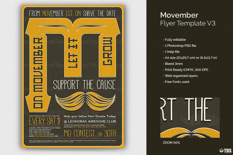 蓄须月胡子节活动派对传单PSD模板 V3 Movember Flyer PSD V3插图