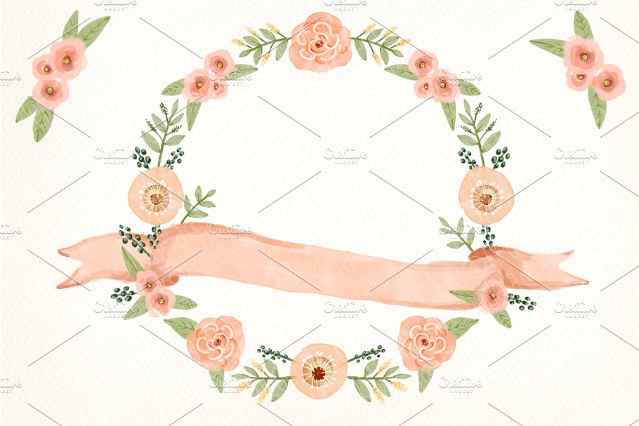 水彩珊瑚橄榄花环素材 Watercolor coral olive floral wreath插图(1)