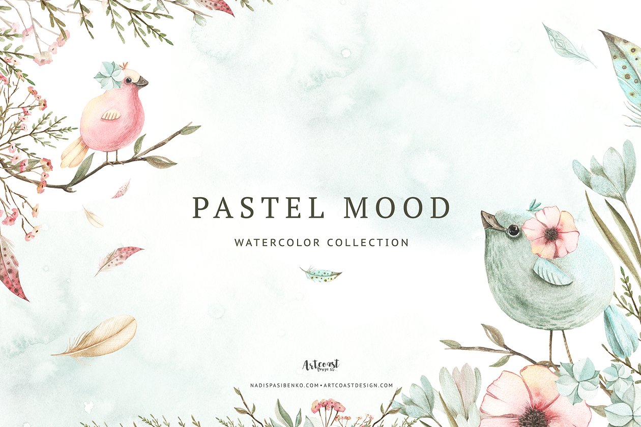 小鸟、树叶&花卉水彩粉画剪贴画 Watercolor Pastel Mood插图
