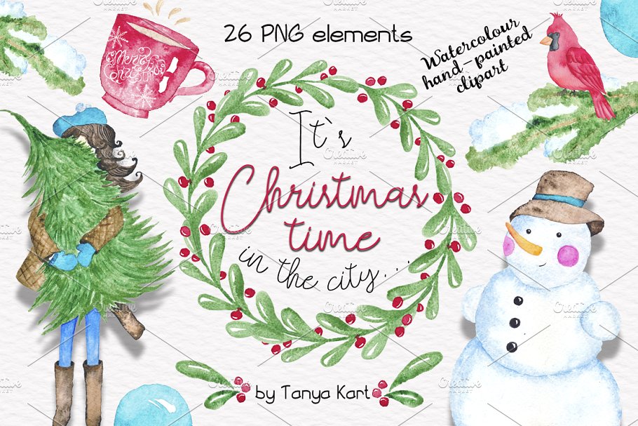 圣诞时光水彩插画元素 It`s Christmas time in the City插图