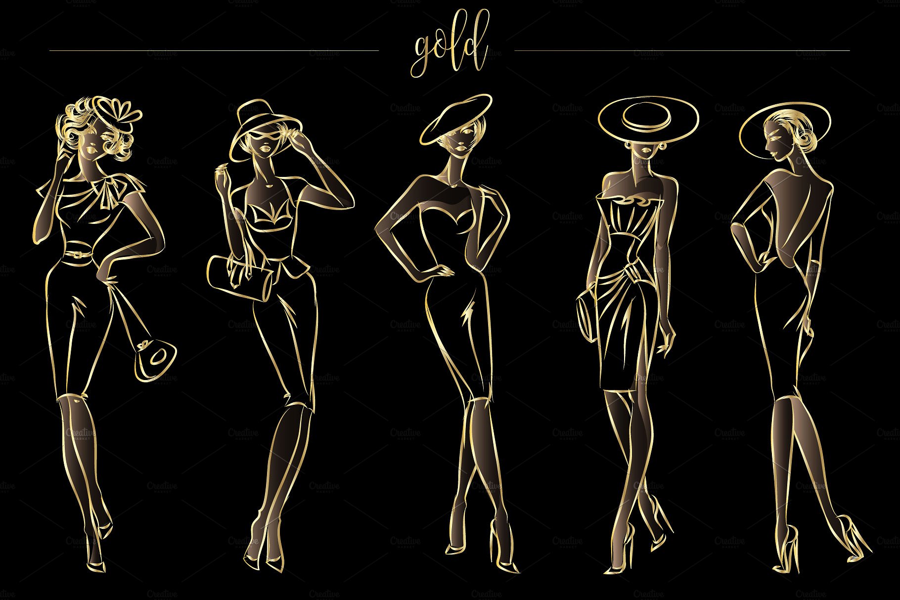 典雅时尚的时装模特手绘矢量素材合辑下载[ai,eps,png]插图(5)