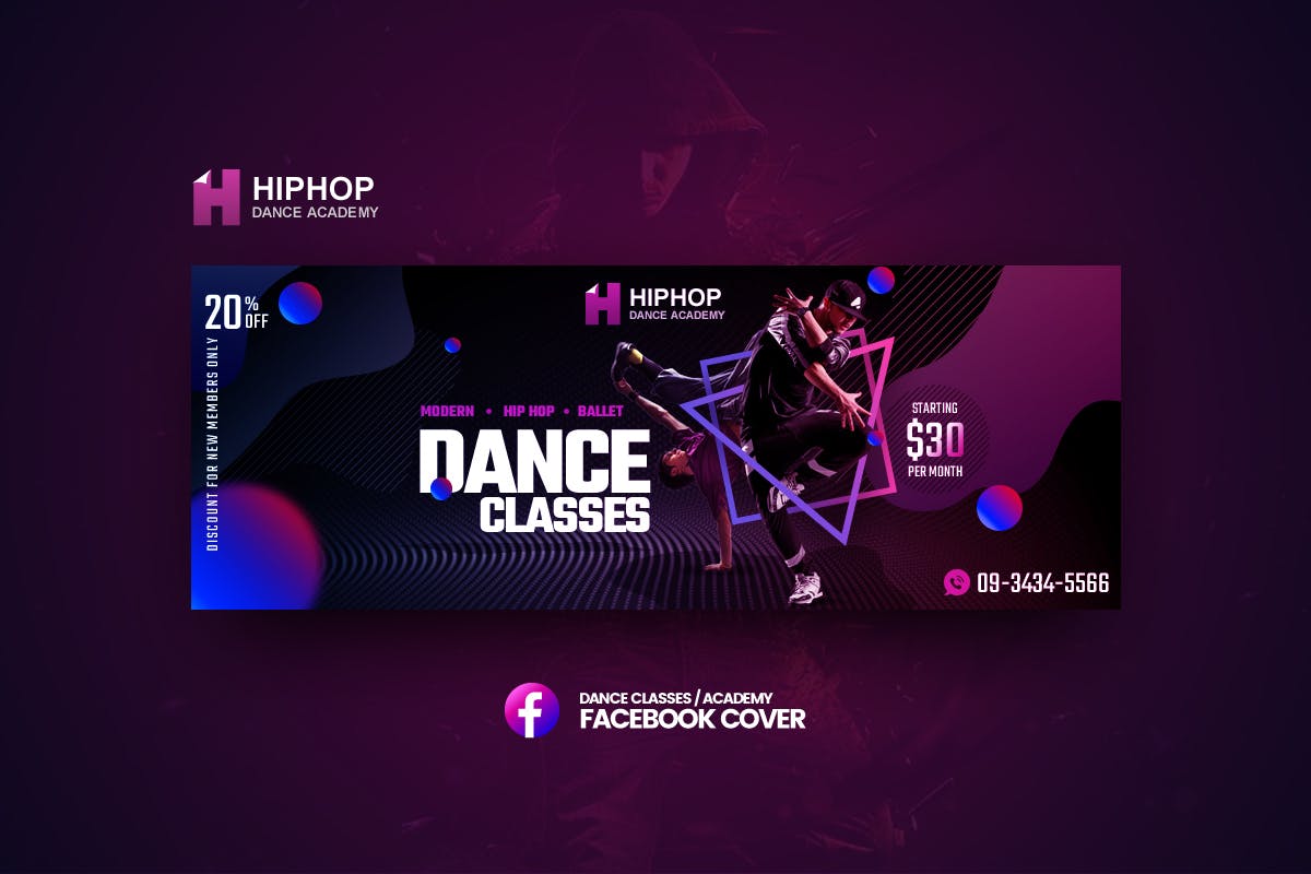 流行街舞舞蹈培训课程Facebook封面模板 Hiphop – Dance Classes Facebook Cover Template插图