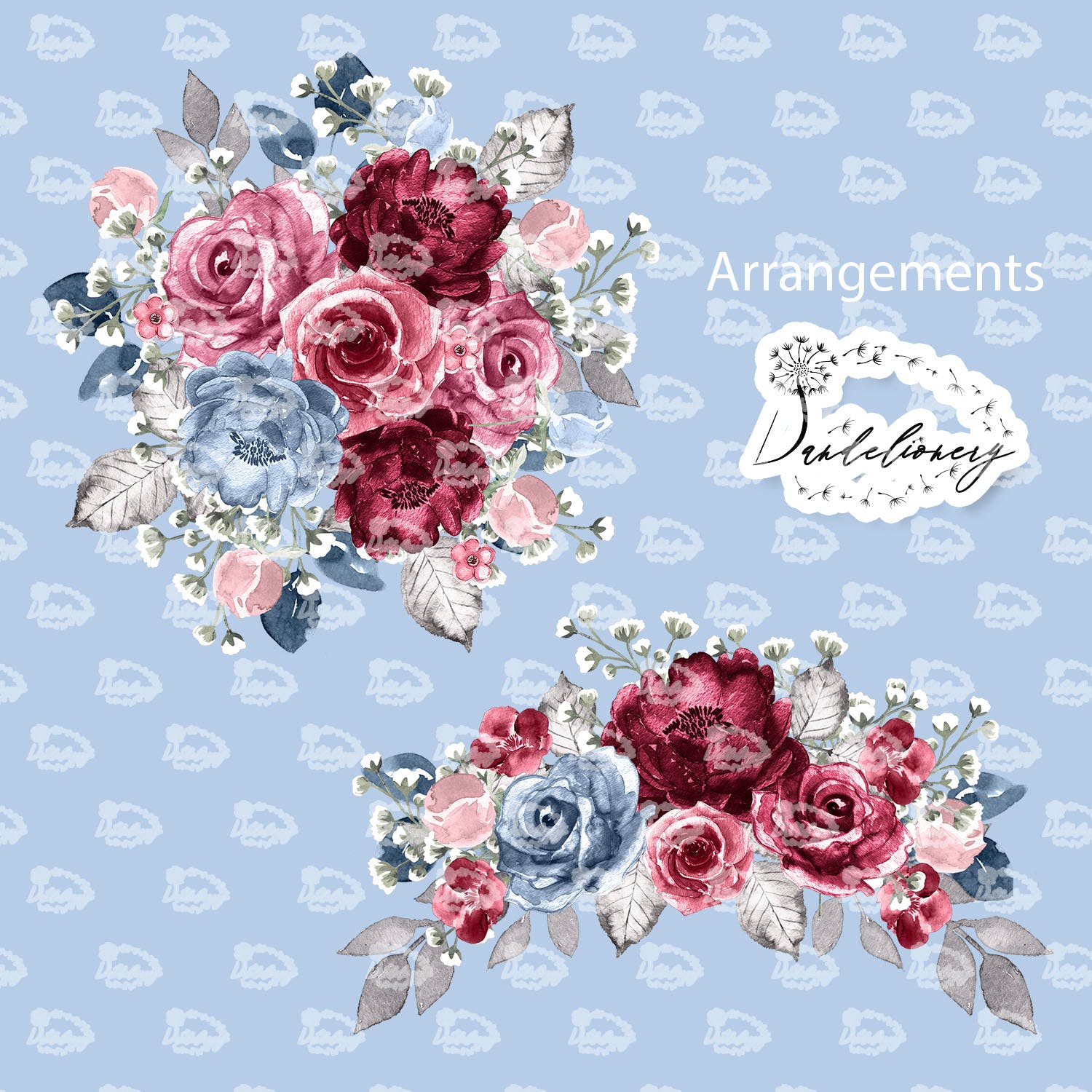 勃艮第红&蓝色水彩手绘花卉PNG素材 Watercolor Dusty Blue and Burgundy design插图(1)