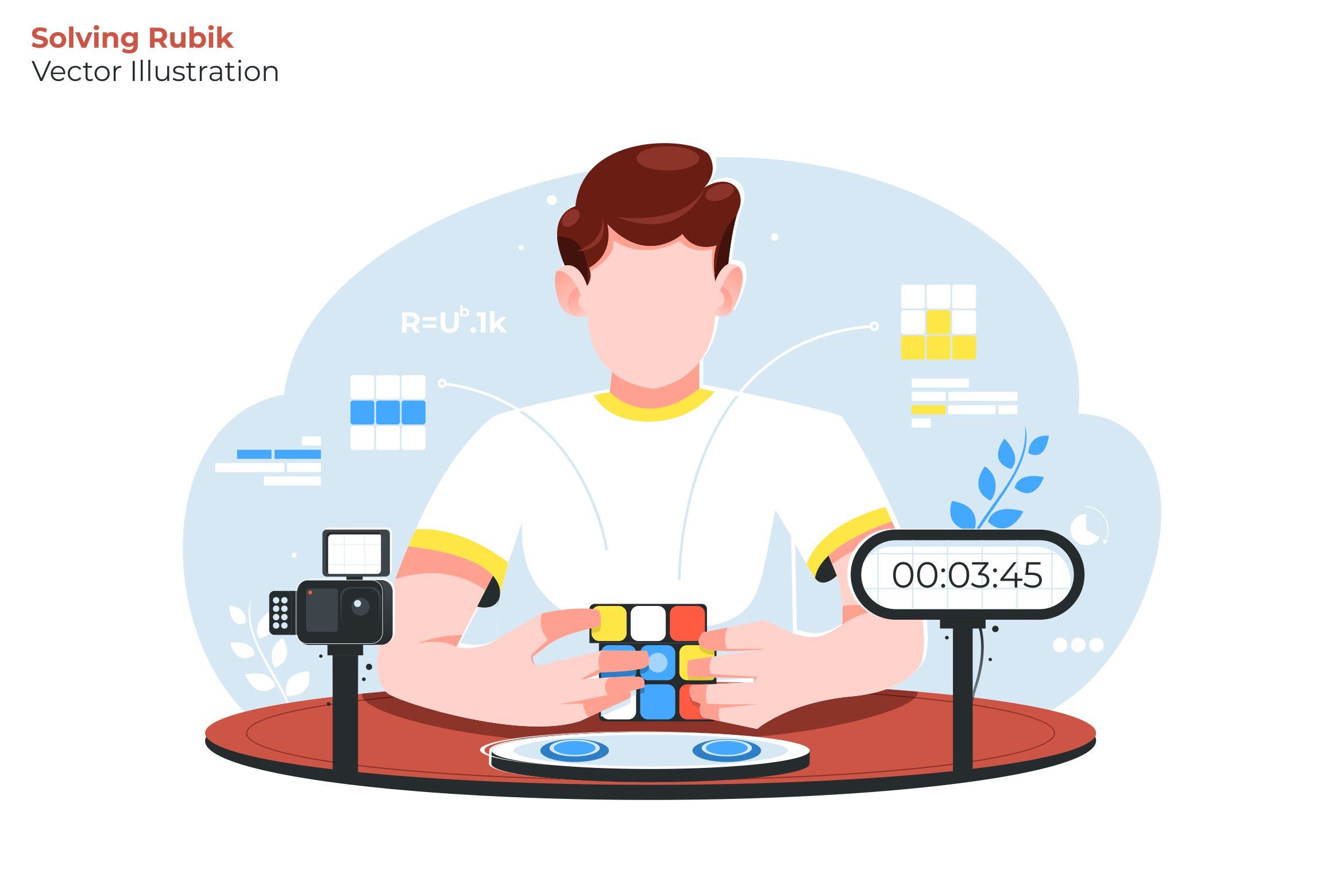 魔方比赛场景矢量插画素材 Solving Rubik – Vector Illustration插图