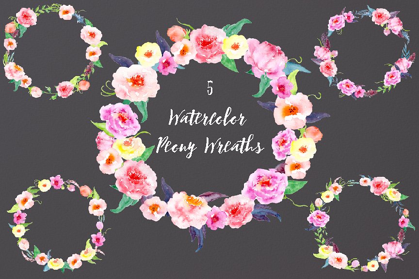 精美水彩牡丹花环插画 Watercolor Peony Wreath插图