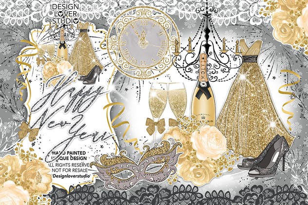 新年主题时尚金色闪亮水彩剪贴画插画 Happy New Year Gold design插图(3)