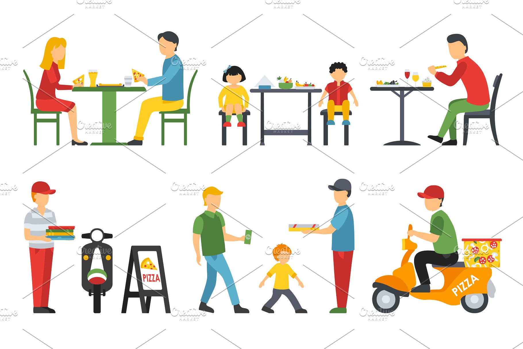 各式职业人员吃披萨形象扁平化设计矢量插画 Pizzeria – flat people set插图(4)